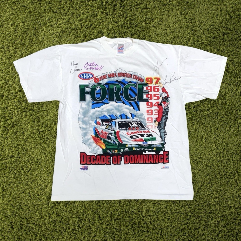 Vintage 90s NHRA John Force Decade Of Dominance T-Shirt XL Signed Racing 1997